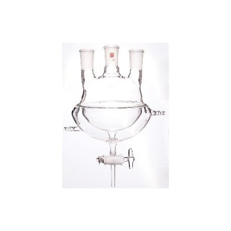 Synthware FLASK, RND BTM, 3NCK, HALFJACKTD, W/STPCK DRAIN, GLS, 1000mL, 29/42. F63841LG